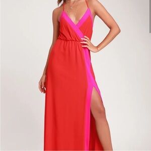 Lulus Bright Side Coral Red Color Block Sleeveless Maxi Dress Size XL